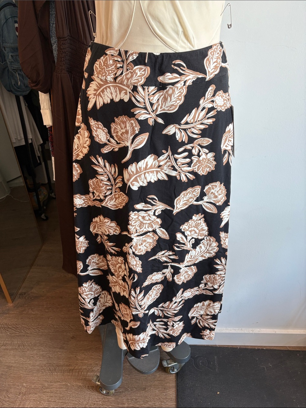 Talbots Black Midi Skirt with Beige Floral Print